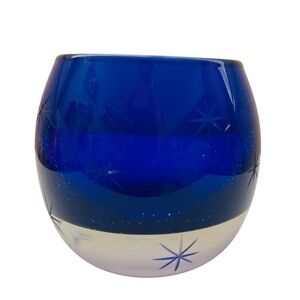 Starburst Etched Colbalt Blue Art Glass Votive Candle Holder